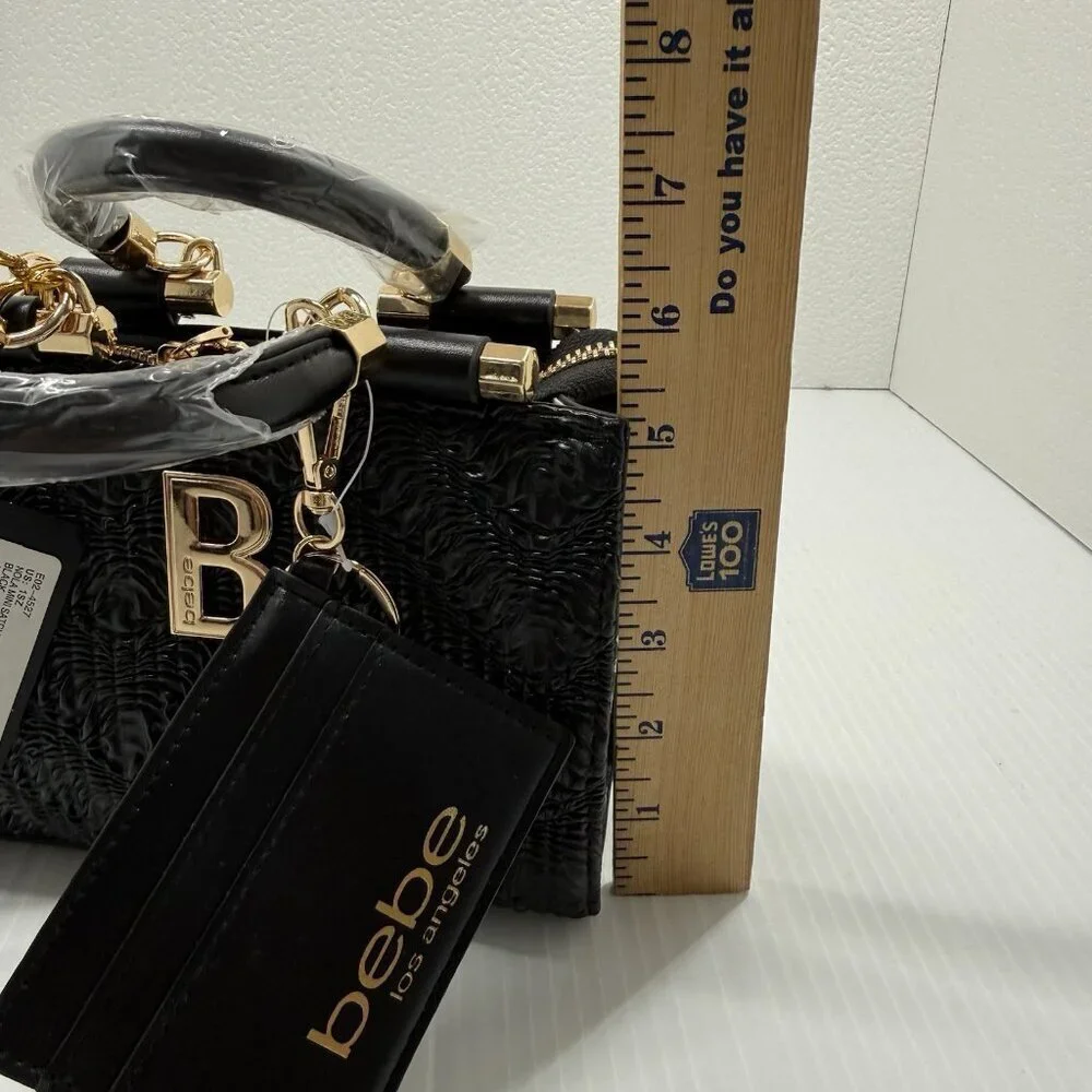 Bebe Black Mini Satchel Bag Gold Chain Crossbody Textured Top Handle NWT